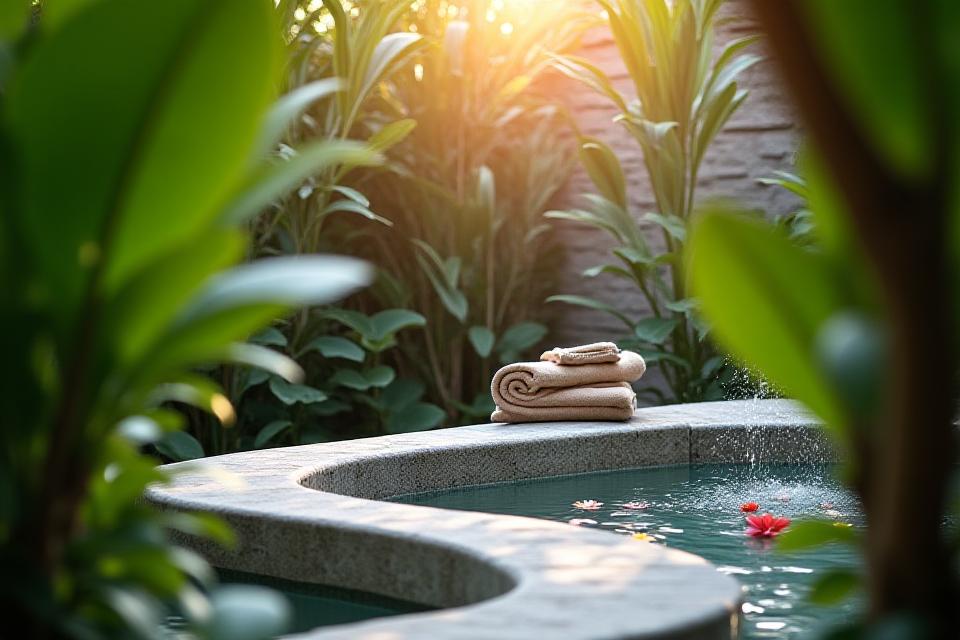 एक आरामदायक जकूज़ी और हरे-भरे पौधे के साथ एक शांत बाहरी स्पा