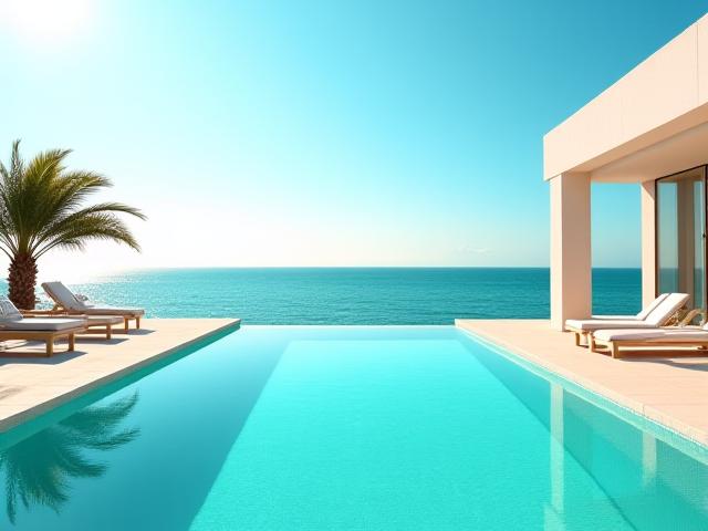 एक लक्जरी समुद्र तट विला के बाहर स्थित एक सुरुचिपूर्ण पूल