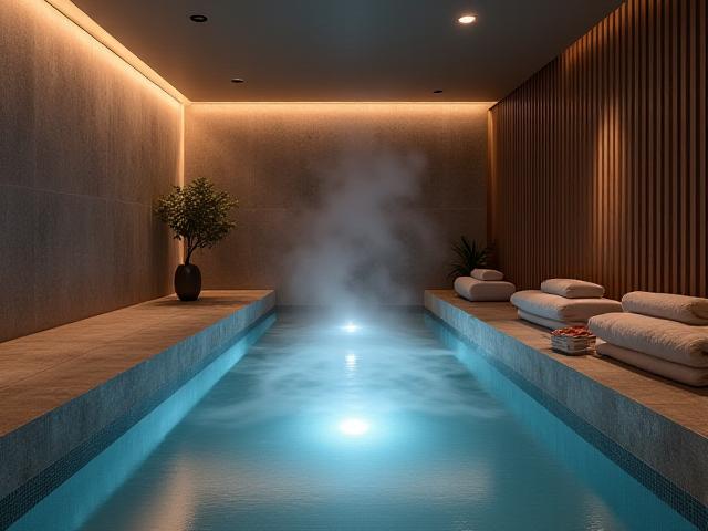 एक चिकना, समकालीन इनडोर स्पा क्षेत्र नरम प्रकाश व्यवस्था के साथ