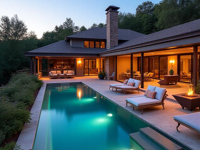 एक लक्जरी संपत्ति का बाहरी मनोरंजन क्षेत्र, जिसमें एक पूल और बैठने की जगह है