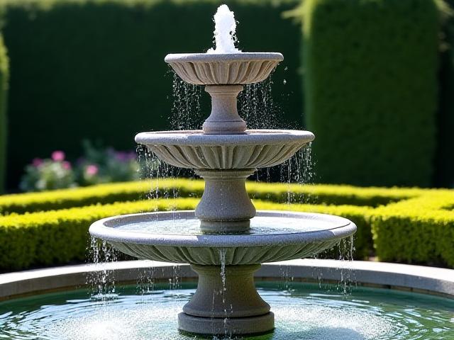 एक क्लासिक बहु-स्तरीय फ़व्वारा एक औपचारिक उद्यान में