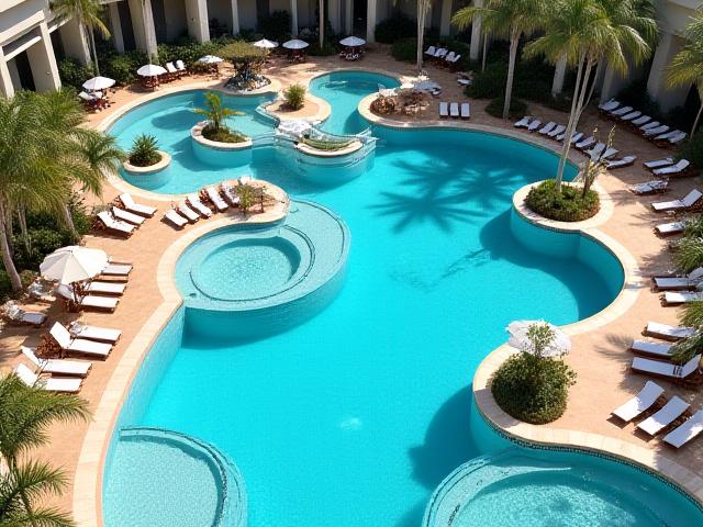 कई पूल और लाउंज क्षेत्रों के साथ एक शानदार रिसॉर्ट पूल परिसर