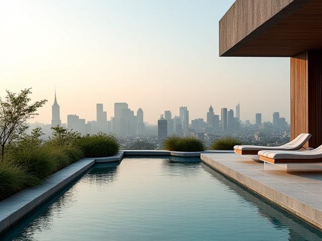 शहर के दृश्यों के साथ एक शांत छत ज़ेन स्पा