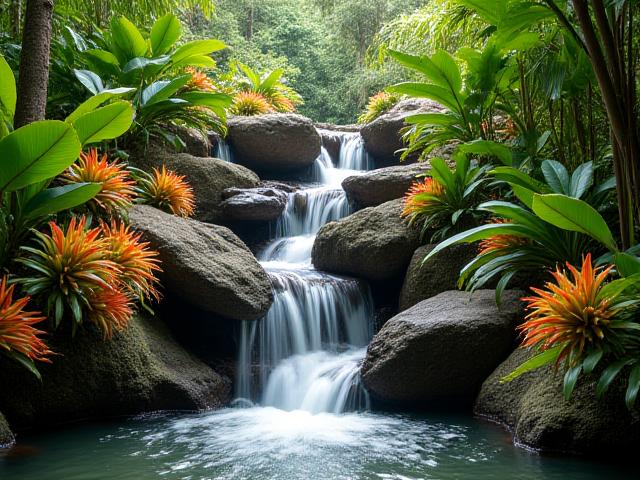 हरे-भरे उष्णकटिबंधीय वनस्पतियों से घिरी एक बहती हुई जल विशेषता